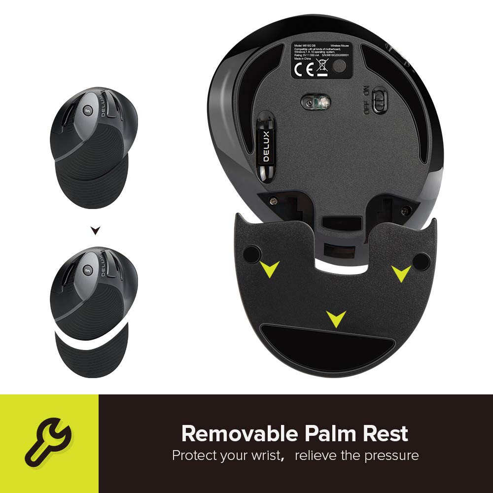 DELUX Mouse ergonómico inalámbrico recargable, Mouse vertical con Bluetooth, mouse optico con 1600 DPI para reducir el dolor de mano y muñeca, 2.4GHz con receptor USB y Bluetooth, 6 botones y reposamanos extraíble (M618G DB-Negro)