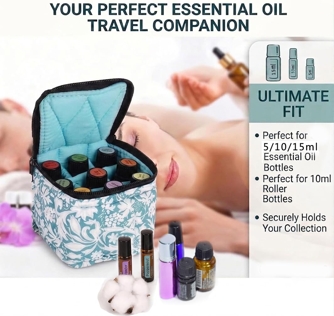 FUZEBAG 9 Bottles Essential Oil Carrying Case Shockproof Essential Oils Organizer Travel Bag Suitable for 5ml,10ml,15ml Bottles with Portable Handle and Double Zipper (Aqua Green)