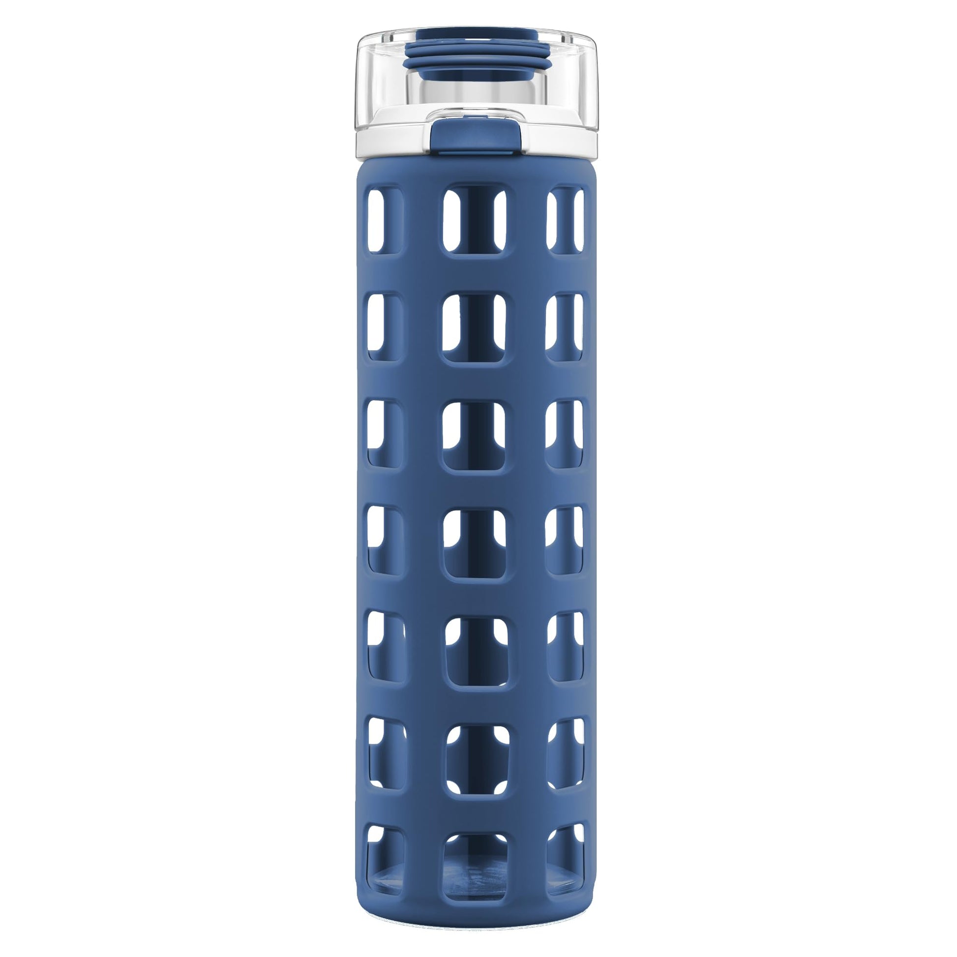 Ello Syndicate Botella de agua de vidrio con tapa abatible de un solo toque, azul intenso, 20 onzas
