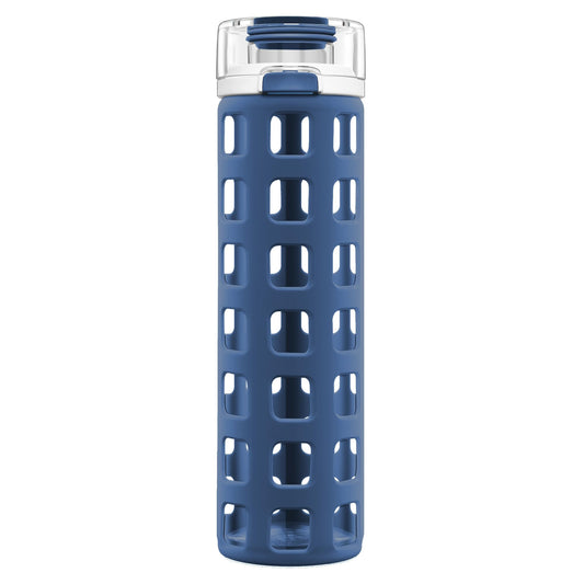 Ello Syndicate Botella de agua de vidrio con tapa abatible de un solo toque, azul intenso, 20 onzas