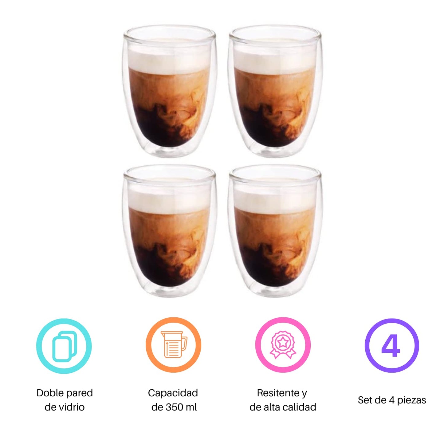 EASYWARE Premium Set de Vasos y Tazas de Doble Pared de Vidrio Termico Borosilicato Para Capucchino Espresso Té Café Etc (8 x 350 ml