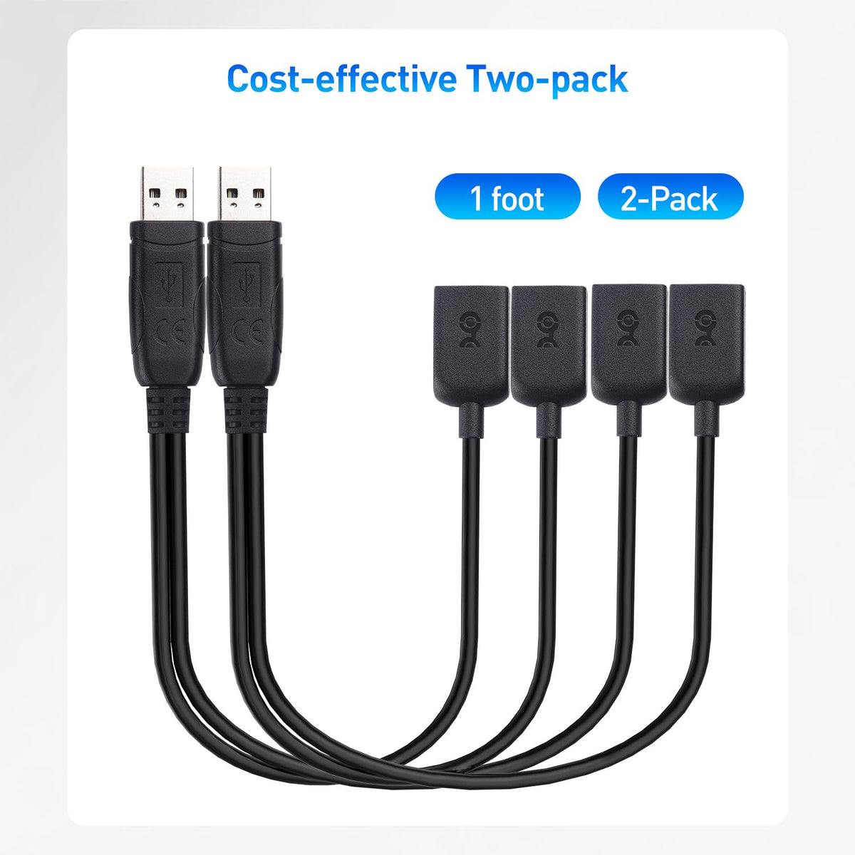 Cable USB 2.0 A Macho a Hembra Cable Matters Negro 1 Pie Paquete de 2 Unidades
