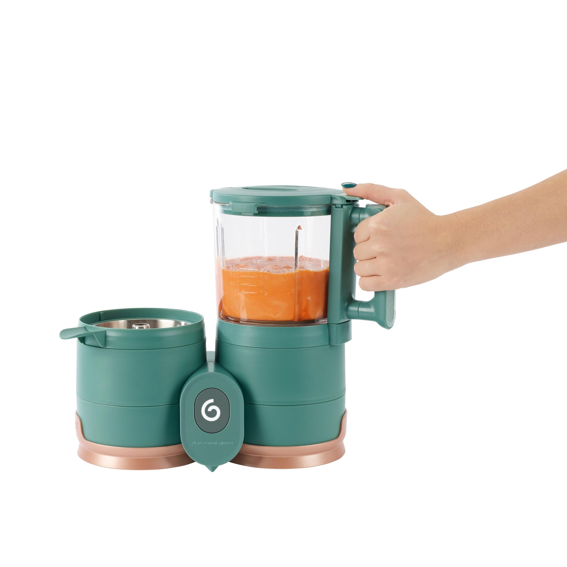 Babymoov Duo Meal de Vidrio 4 en 1: Procesador de Alimentos para Bebés con Vaporizador de Vidrio Incorporado, Cesta de Acero Inoxidable y Licuadora de Vidrio (Capacidad de Más de 6 Tazas), Verde