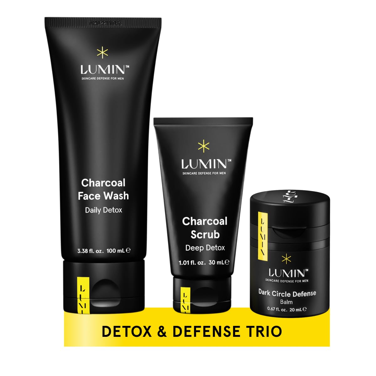 Lumin - Tratamiento Facial Anti-vejez para Hombres - Correction Trio | Incluye 3 productos: Crema para Contorno de Ojos, Exfoliante Facial y Bálsamo Hidratante que ayudan con ojos cansados, manchas oscuras, ojeras, hinchazón, piel desigual. Duración 2 mes