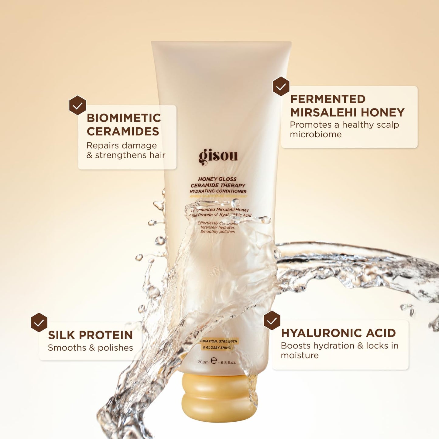 GISOU Honey Gloss Ceramide Therapy Hydrating Conditioner, Acondicionador Hidratante con Miel Fermentada, Proteína de Seda y Ácido Hialurónico, 200ml