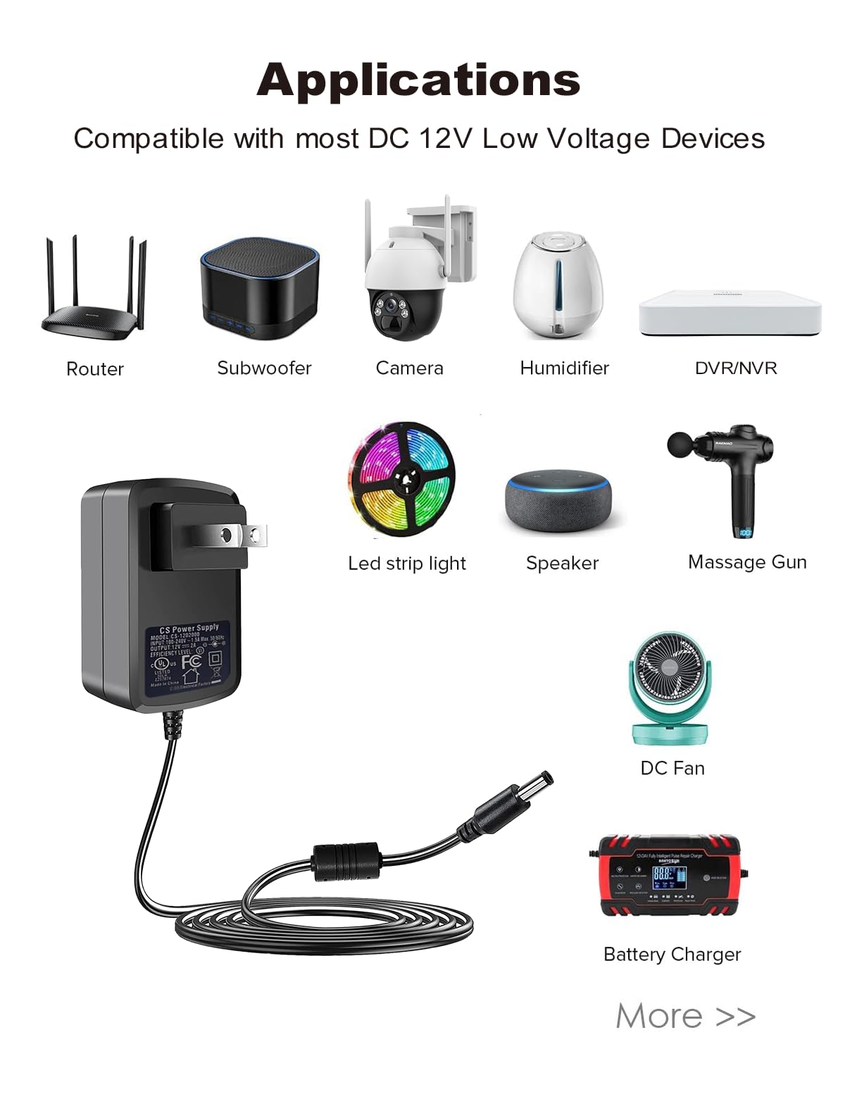 Lonnky - Cargador 12v, Adaptador de Corriente para Cámara de Seguridad DC 12 V 2 A con Divisor de 1 a 4 Potencias para Sistema de Cámara de Seguridad CCTV, Certificado ULFCC para América del Norte