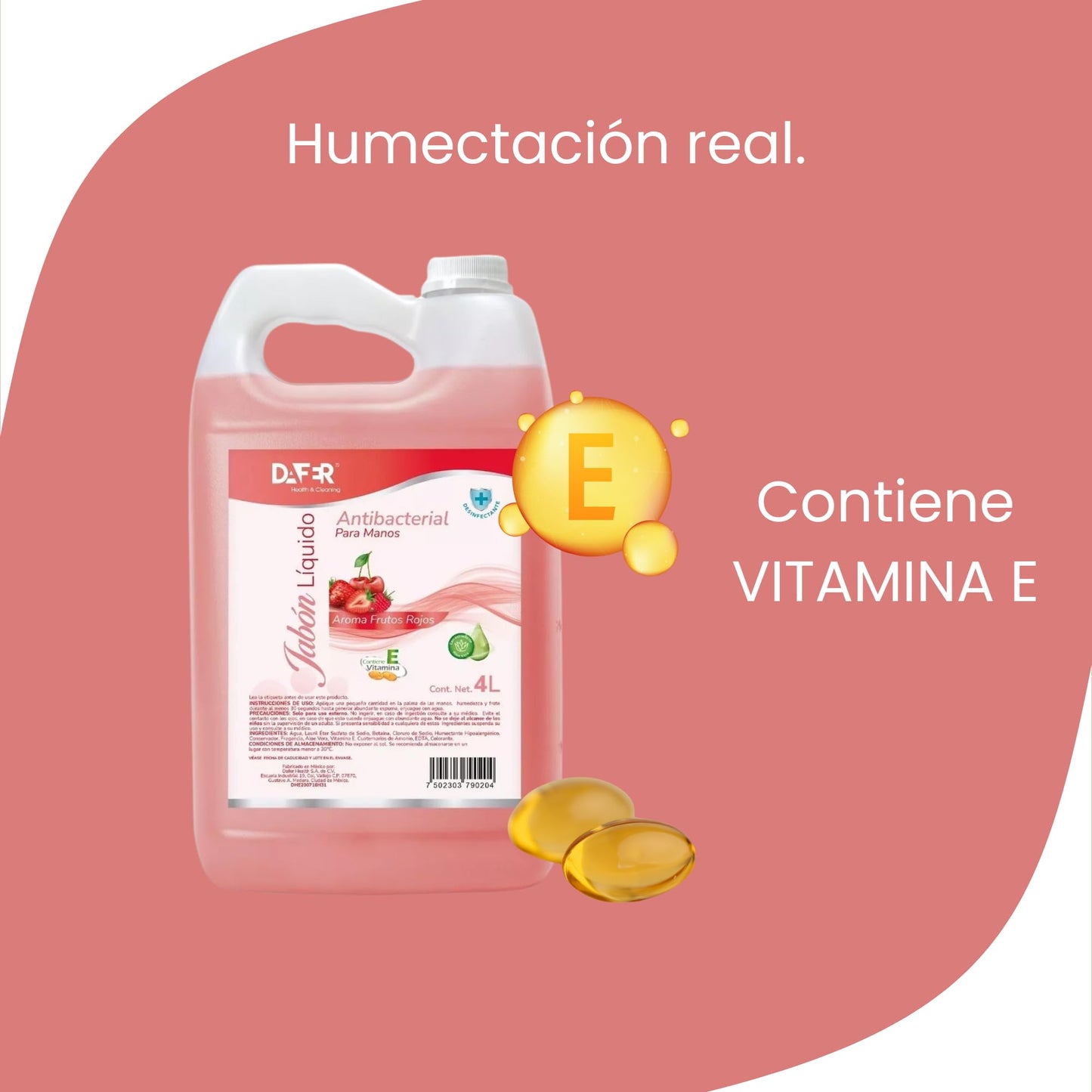 Dafer Health & Cleaning Jabón Líquido antibacterial para manos adicionado con Vitamina E y Aloe Vera por galón o garrafa, buena consistencia, shampoo para manos. (Frutos Rojos, 4L)