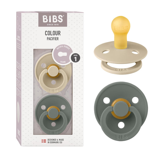 BIBS Chupones Colour Pack de 2, Tetina redonda de látex natural, Talle 1, Color Vanilla/Pine, 0 a 6 meses, Hecho en Dinamarca