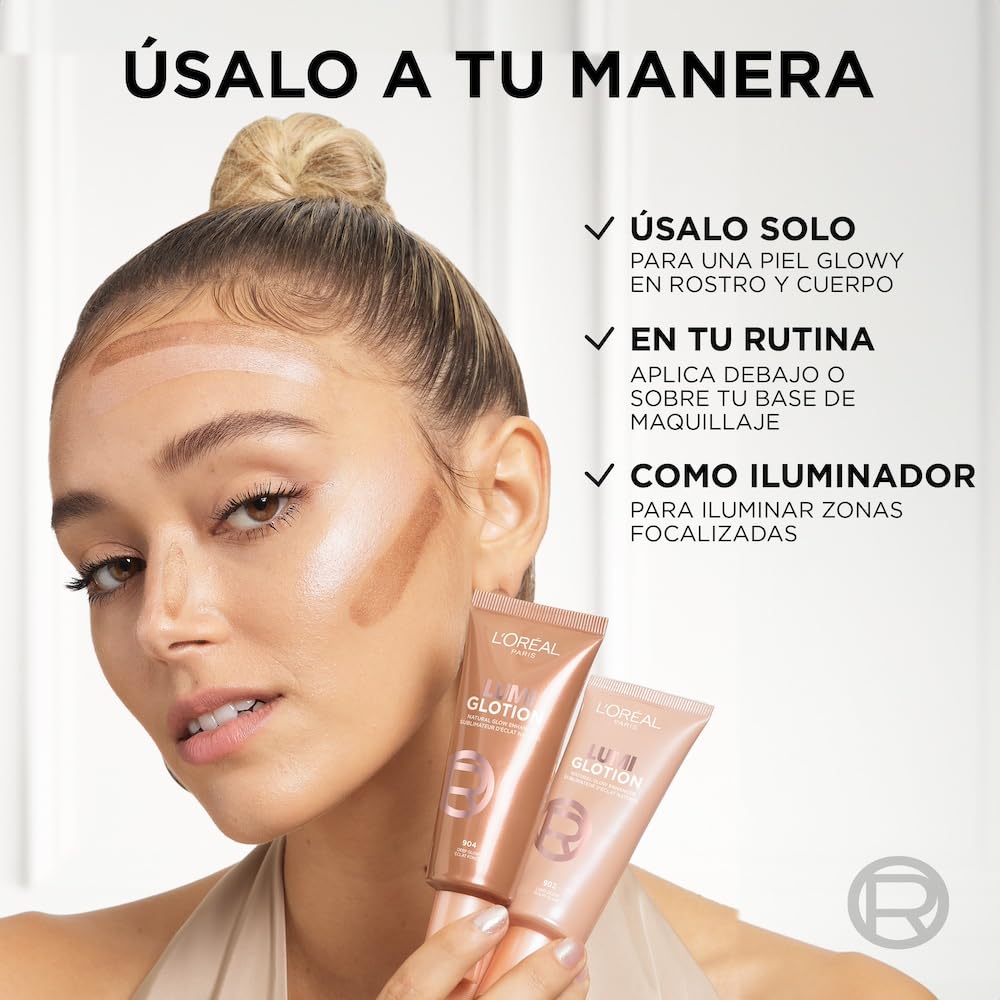 L'Oréal Paris Lumi Glotion iluminador de maquillaje hidratante, tono Fair Glow 901, 40ml - Glow enhancer para piel glowy natural, highlighter, hidrata e lumina rostro y cuerpo