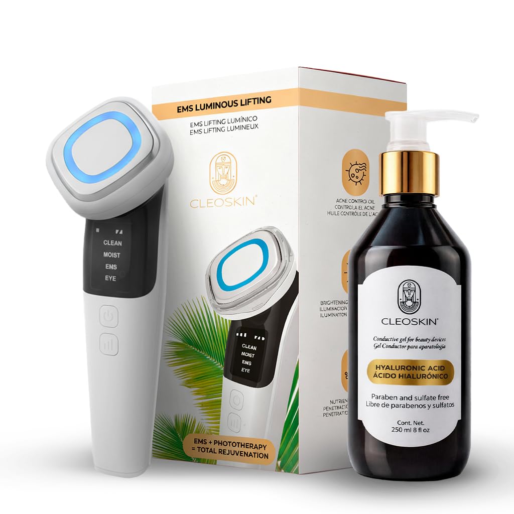 CLEOSKIN Masajeador Facial EMS de Fototerapia con Luz Roja y Azul - Kit Luminous Lifting con Gel Conductor para Reafirmar y Tonificar la Piel