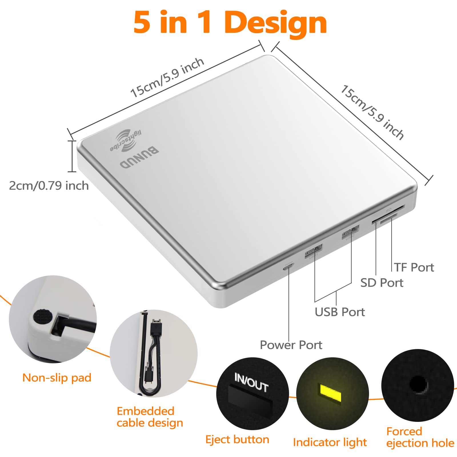 BUNUD LightScribe Unidad Externa de CD y DVD +/-RW, Grabador de CD/DVD +/-RW, Lector de Disco óptico portátil, Unidad de CD y DVD para computadora portátil, MacBook, Windows 11 10 Linux OS