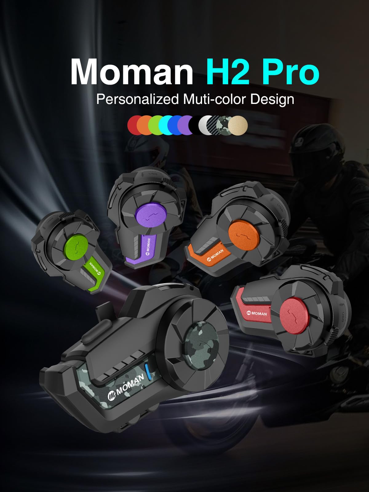 Motorcycle Intercom Headset, Moman H2 Pro【1 Pack Carbon】 Helmet Wireless Communication 5.1 System with DSP&CVC Noise Cancellation Music Share AI Assistant, Motorcycle-Intercom-Headset-Helmet-Motorbike