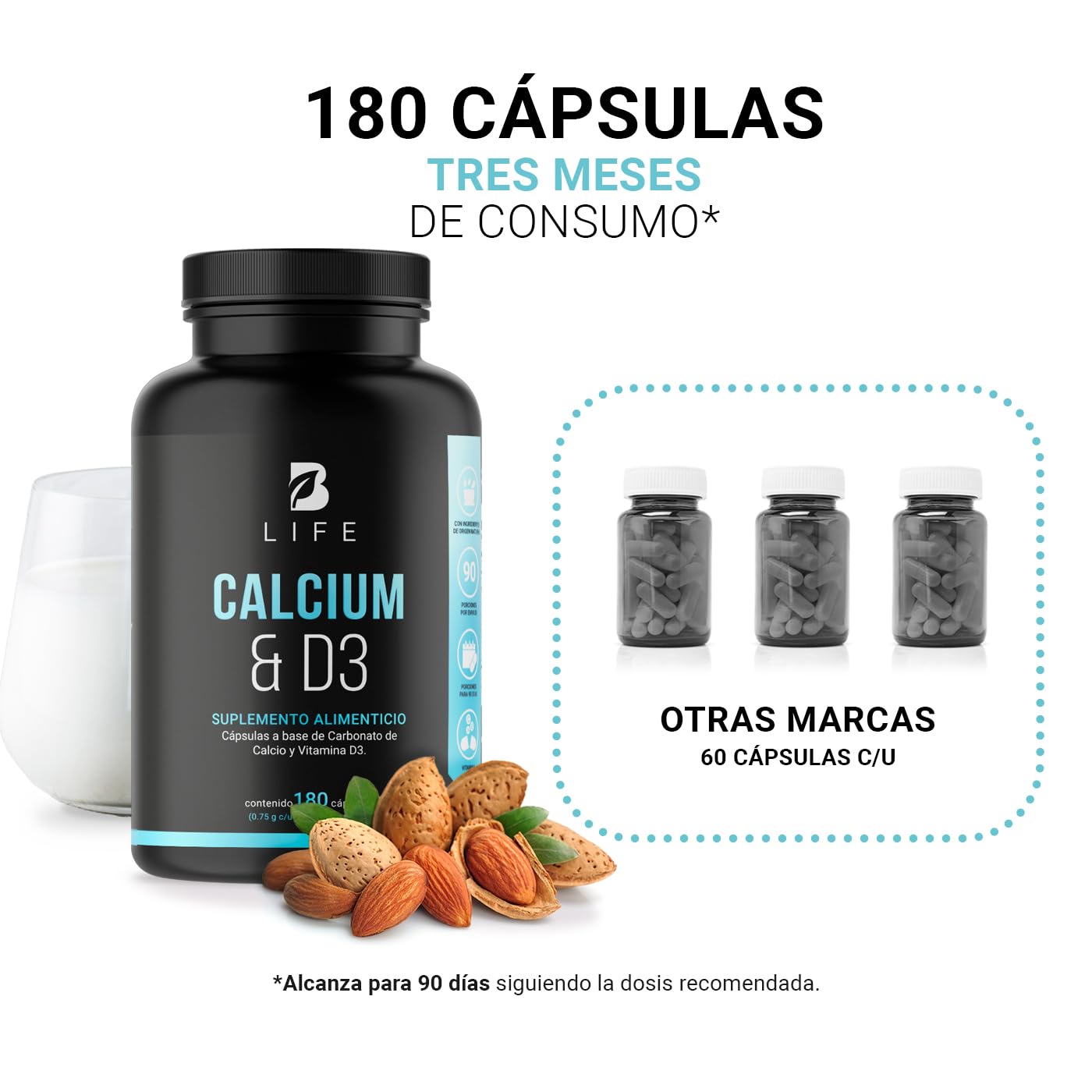 Calcio y Vitamina D3 concentración de 1500 mg de Carbonato de Calcio (equivalente a 600 mg de Calcio). Ingredientes Naturales en 180 Cápsulas. Calcium & D3 B Life