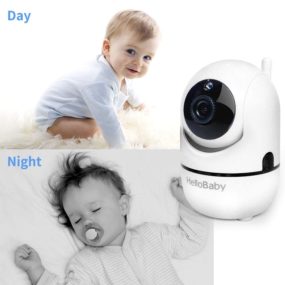 HelloBaby Video Baby Monitor with Remote Camera Pan-Tilt-Zoom, 8.1cm Colour LCD Screen, Infrared Night Vision, Temperature Display, Lullaby, Two Way Audio, with Wall Mount Kit