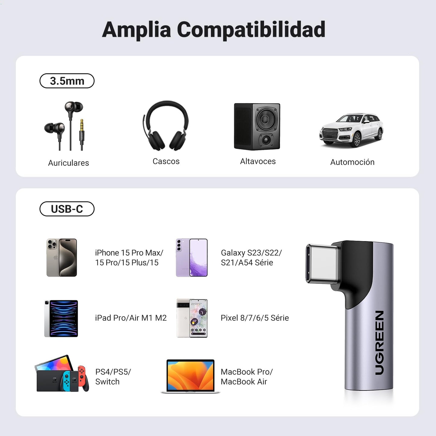 UGREEN Adaptador USB C a Jack 3.5mm DAC Chip, Adaptador Auriculares Tipo C 90 Grados Compatible con Galaxy S23/S22/S21/S20/S10/Note 20/Note 10, iPad Pro 2021, Xiaomi, Gris, 2 Pack