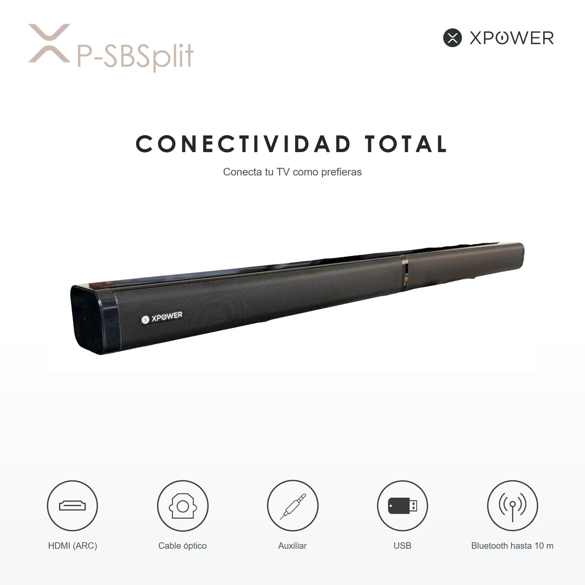 Barra de Sonido Separable XP WER Negro 60W Estéreo con HDMI, Óptico y Auxiliar para Montaje en Mesa