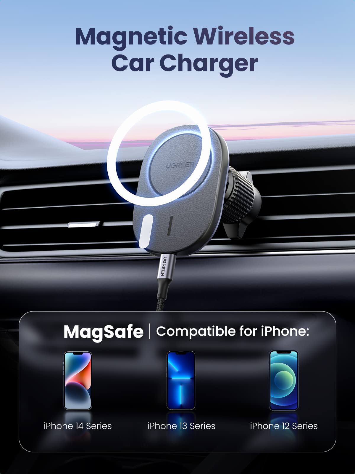 UGREEN MagSafe Cargador Inalámbrico de Coche 15W Qi, con Certificación MFI, Soporte Celular para Automóvil con Succión 11N, Compatible con iPhone 16/15/14/13/12 Series