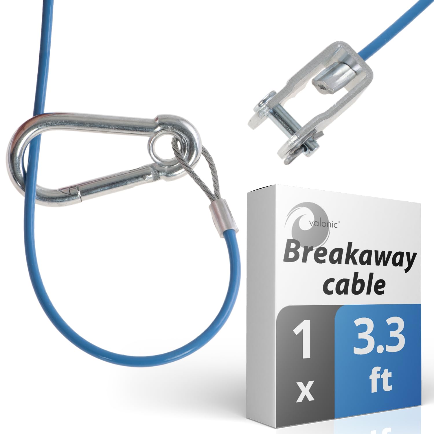 Valonic Cable Breakaway para remolques y caravanas, 1 m, azul, con mosquetón, 250 kg de resistencia a la rotura, cable Breakaway con cabeza de horquilla (grillete), Ripcord, cable Breakaway