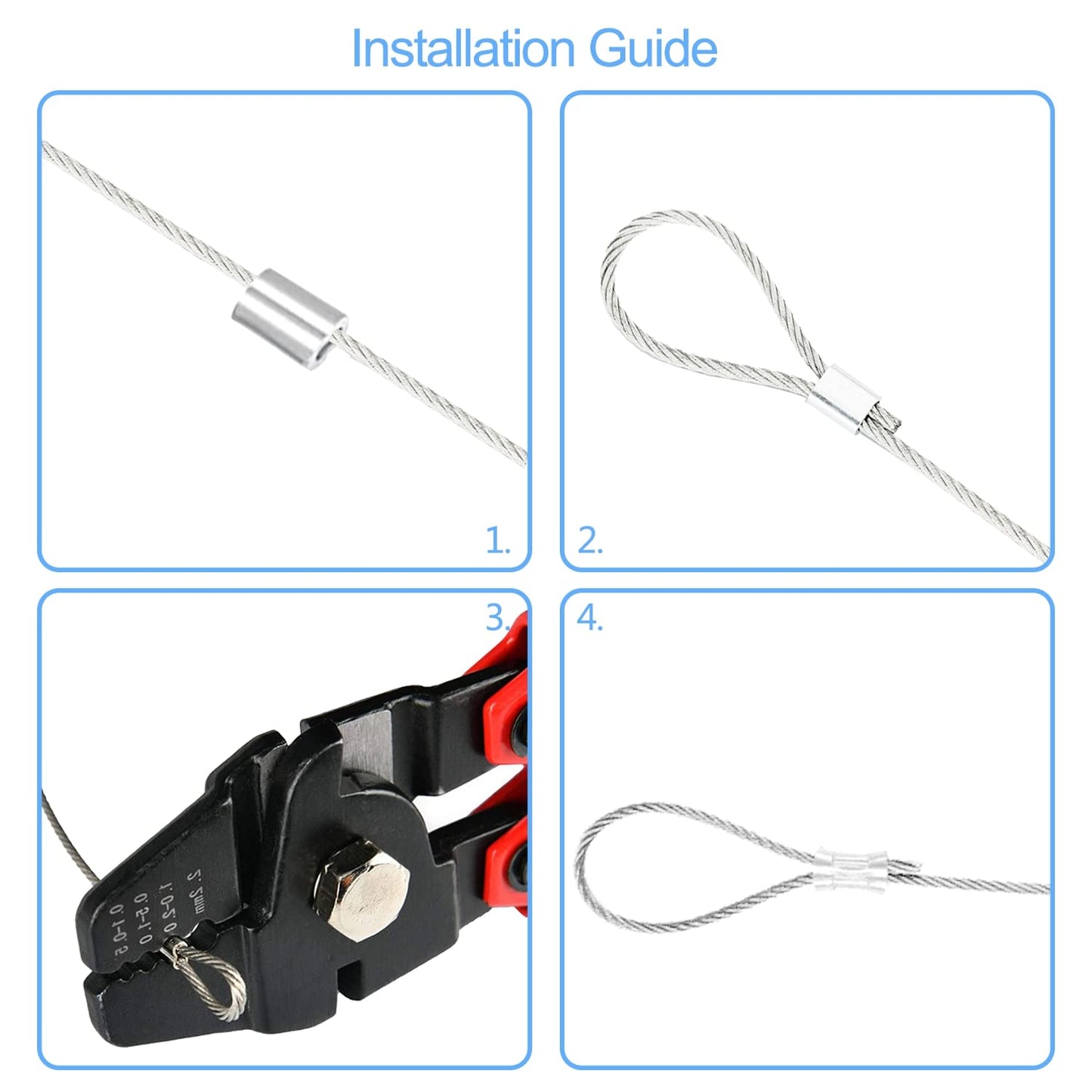 Kit de herramientas para prensar cuerda de alambre, con cable de acero inoxidable 1/16-304 5029.2 cm (núcleo de 7 x 7 filas), 100 tapones de aluminio para manguito de bucle (cuerda de 5029.2 cm 100