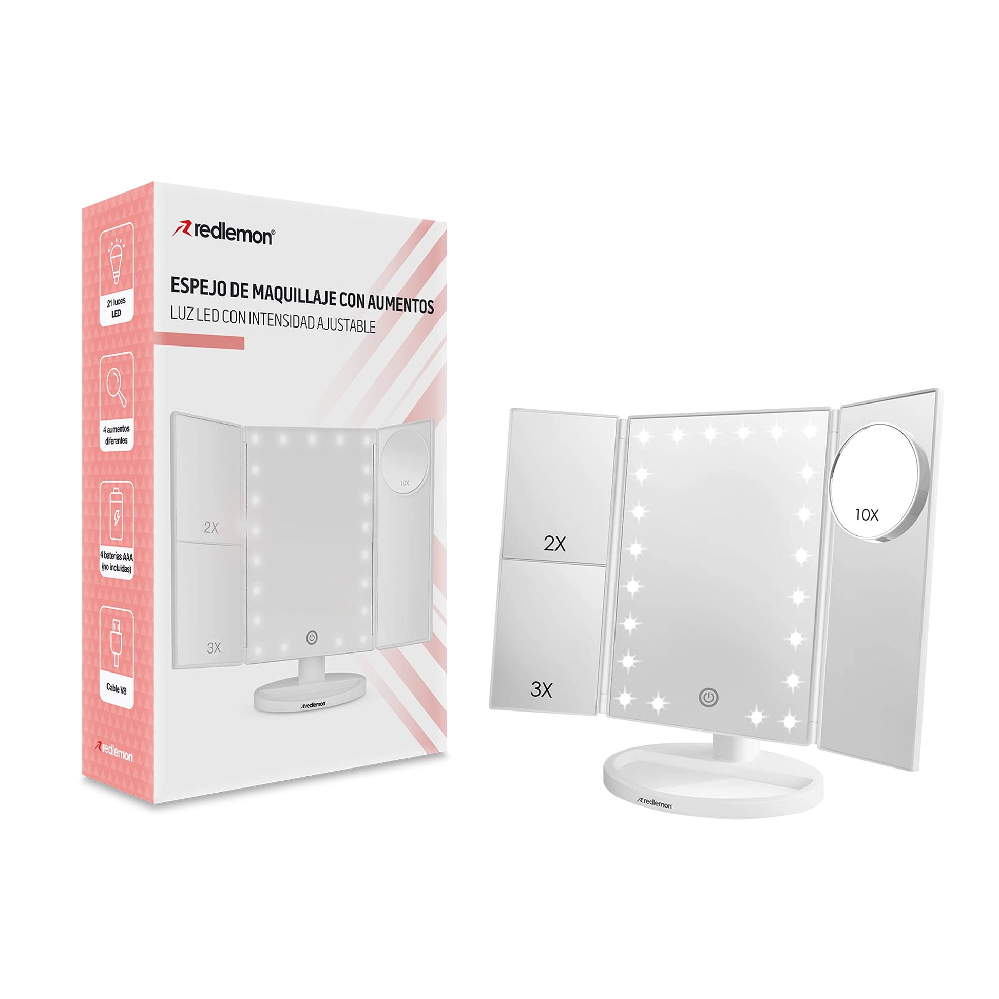 Redlemon Espejo con Luz para Makeup, Espejo para Maquillaje con Aumentos y Luces LED de Intensidad Ajustable, Base con Movimiento 180°, Funciona con Cable de Alimentación o Baterías AAA (no incluidas)