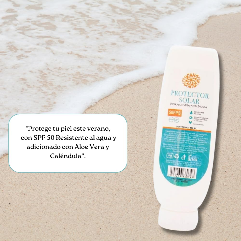 Protector Solar Lenico SPF 50 con Caléndula y Aloe Vera | 150 ml | Resistente al Agua, Hidratante y Ligero | Protección Efectiva para Todo Tipo de Piel
