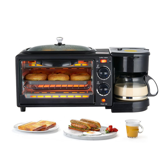 BYHIP Estación de desayuno 3 en 1 – Incluye cafetera, plancha antiadherente y horno tostador de 4 rebanadas, versátil máquina de desayuno con temporizador adecuado para