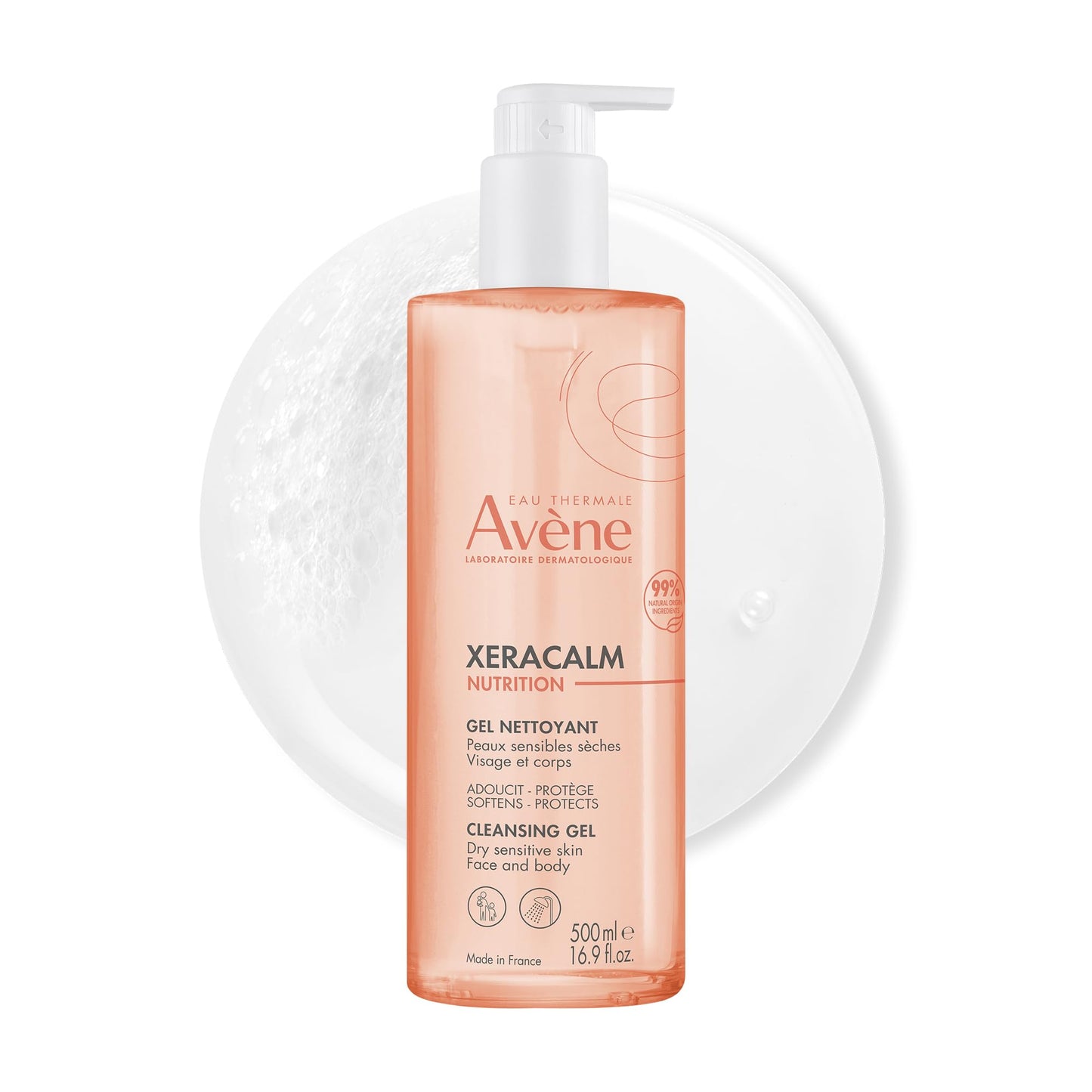 AVENE, Xeracalm Nutrition gel limpiador para rostro y cuerpo, piel seca y sensible, sin jabón ni perfume, 500ml
