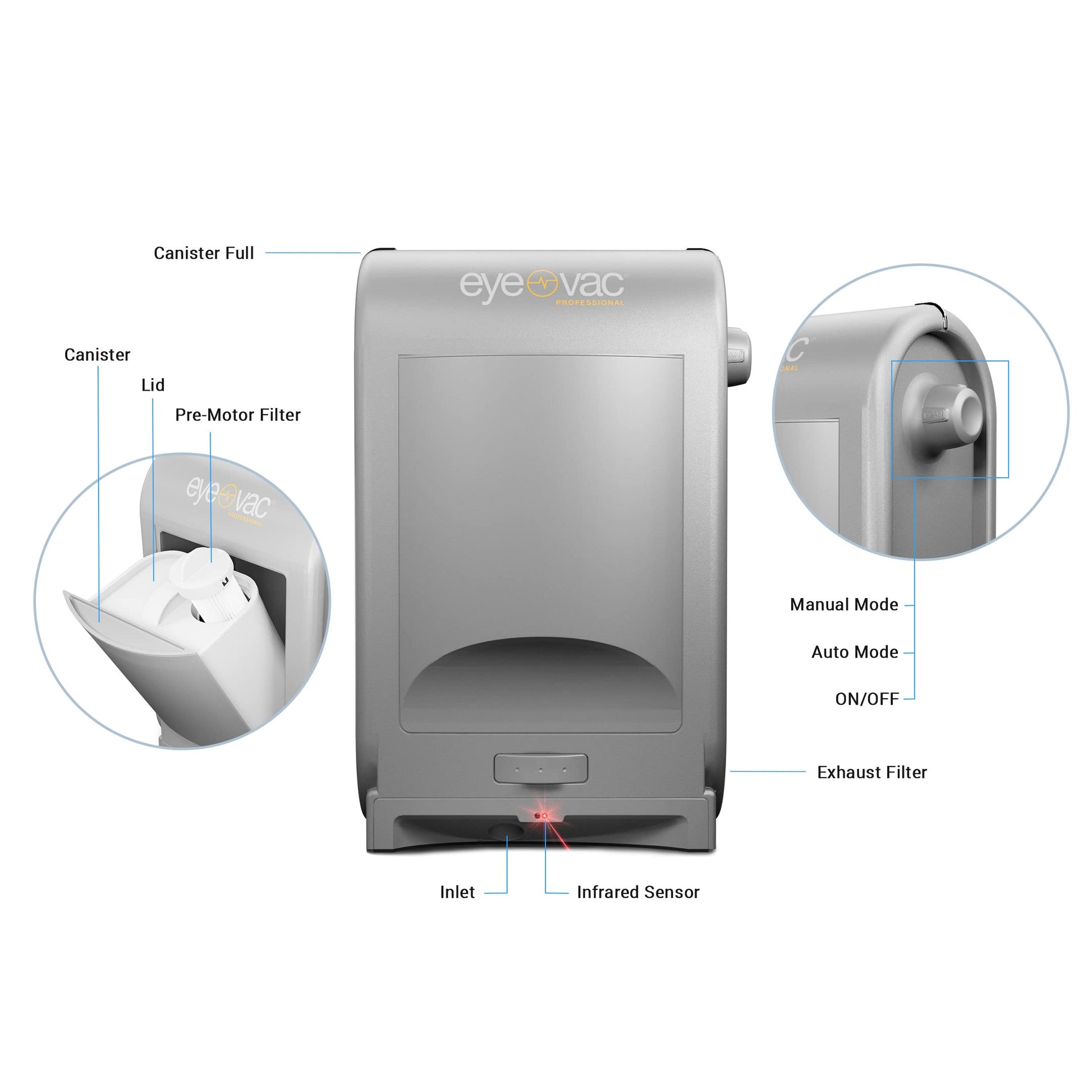 EYE-VAC Pro Aspiradora sin tacto, recogedor automático, bote sin bolsa de 1400 W para pelo de salón y mascotas, color plateado