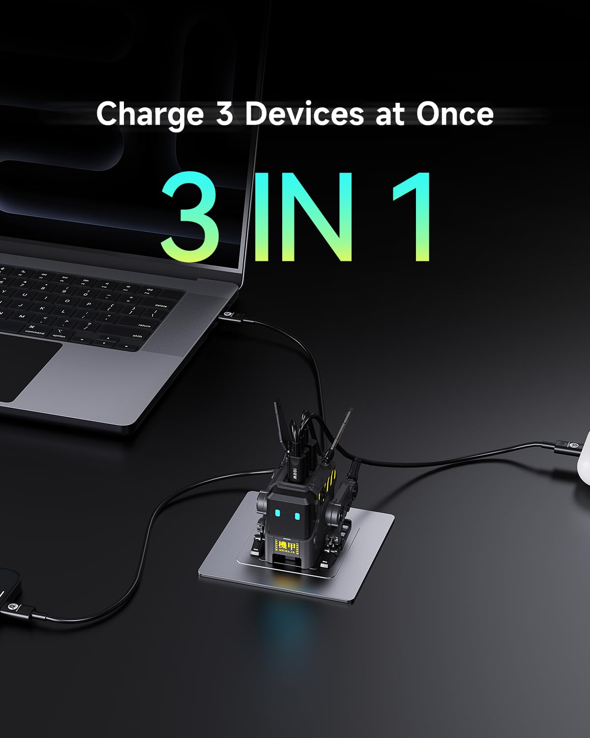 GravaStar Cargador USB C de 65 W, Bloque de Cargador rápido GAN Robot Alpha65, Adaptador de Corriente rápido de 3 Puertos, Cargador USB C de Pared Compacto Plegable (Negro)