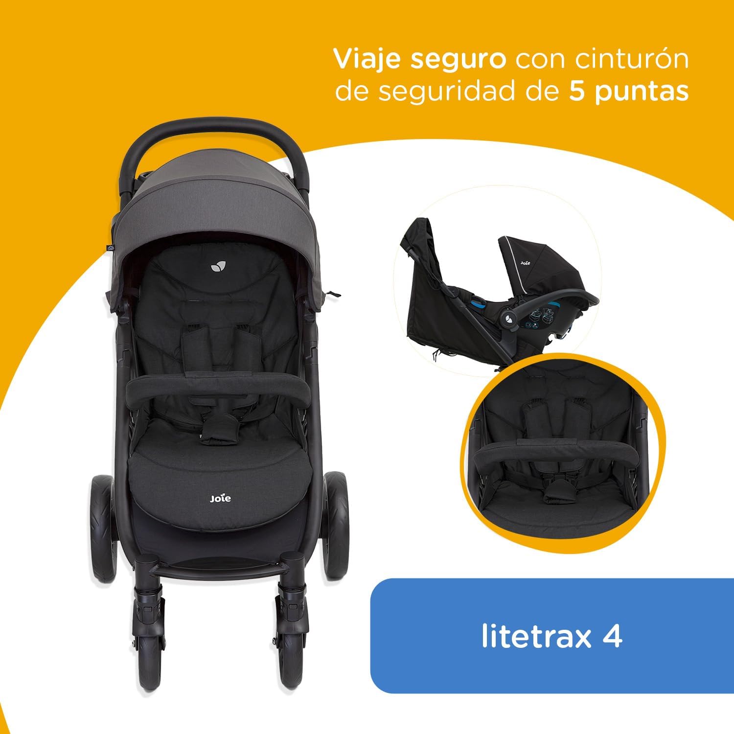 Joie Carriola para Bebe Litetrax 4, Carreolas de Viaje con Silla Portabebe, Carriolas para Bebe con Asiento Safety, Carreola Moderna para Bebe Plegable y Ergonomica