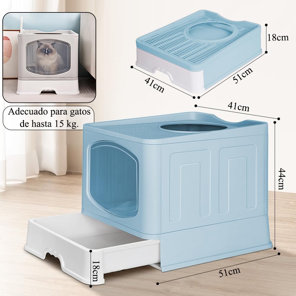 Jiula Caja de Arena para Gatos Plegable Cerrada, Caja de Arena con Cajón y Cuchara, Fácil de Limpiar, Adecuada para Viajar con Mascotas, Puerta Lateral Móvil Dos Direcciones, Azul, 41 * 51 * 44 CM