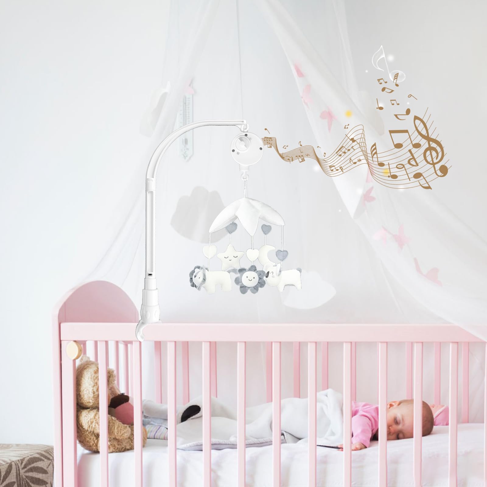 Soporte de Brazo para Cuna de Bebé con Caja de Música y Decoración de Juguetes Ajustable de 58,4 cm