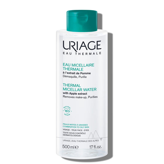 Uriage Agua Micelar termal para piel mixta a grasa 500ml – desmaquilla, purifica y matifica – con extracto de manzana verde, agua termal y patente LN MODUL