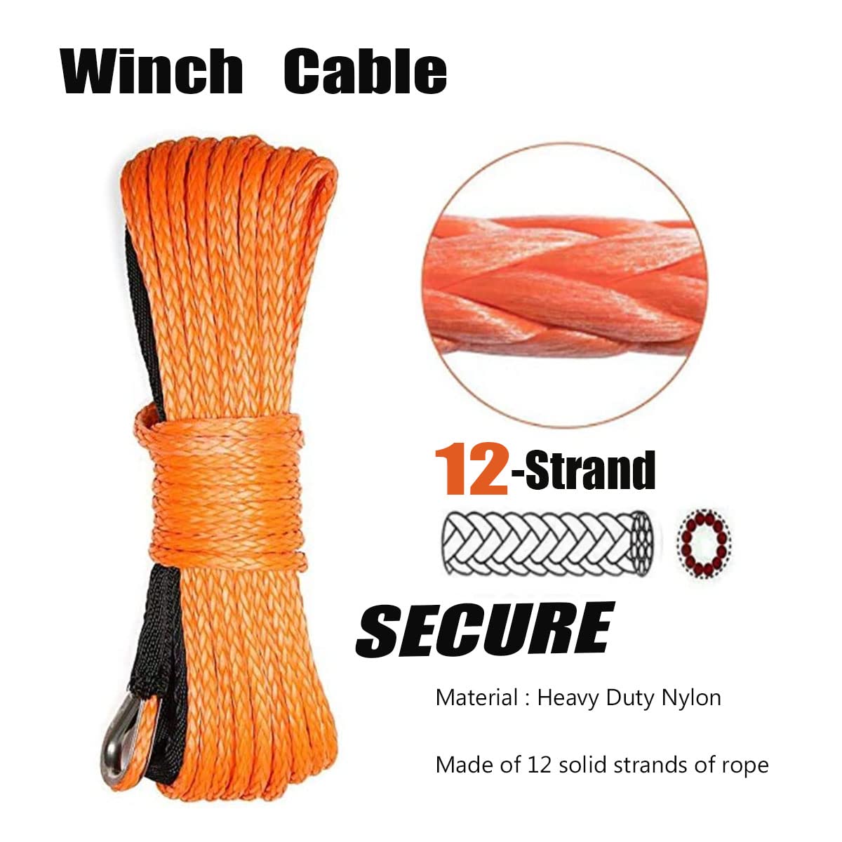 Cuerda de cabrestante sintética de 3/8 pulgadas x 50 pies, cuerda de cabrestante de nailon de 1 cm x 15 m, cuerda de cabrestante sintética de 2500 libras para cabrestantes 4WD Off Road, ATV UTV SUV Cuerda sintética (naranja) (3/8 pulgadas x 50 pies)