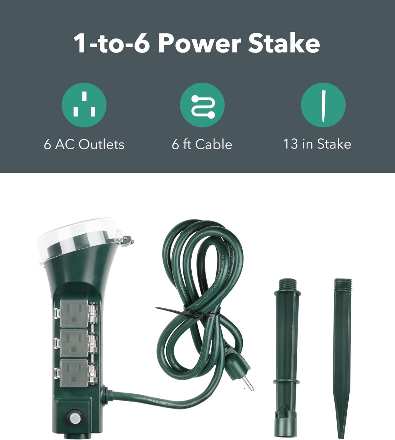BN-LINK Estaca Eléctrica para Exterior con 6 Tomas, Cable de Extensión de 1.8 m, Regleta con Protección contra Sobrecargas y Tapas Impermeables, Resistente al Agua
