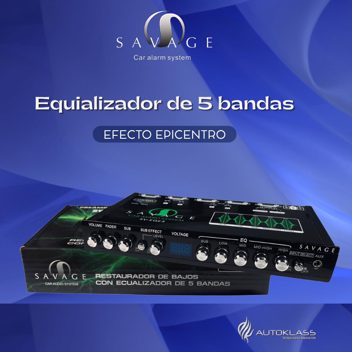 AUTOKLASS-Ecualizador 5 Bandas Efecto Epicentro 9 Volts. Entrada vía RCAs, Auxiliar. Salidas RCAs