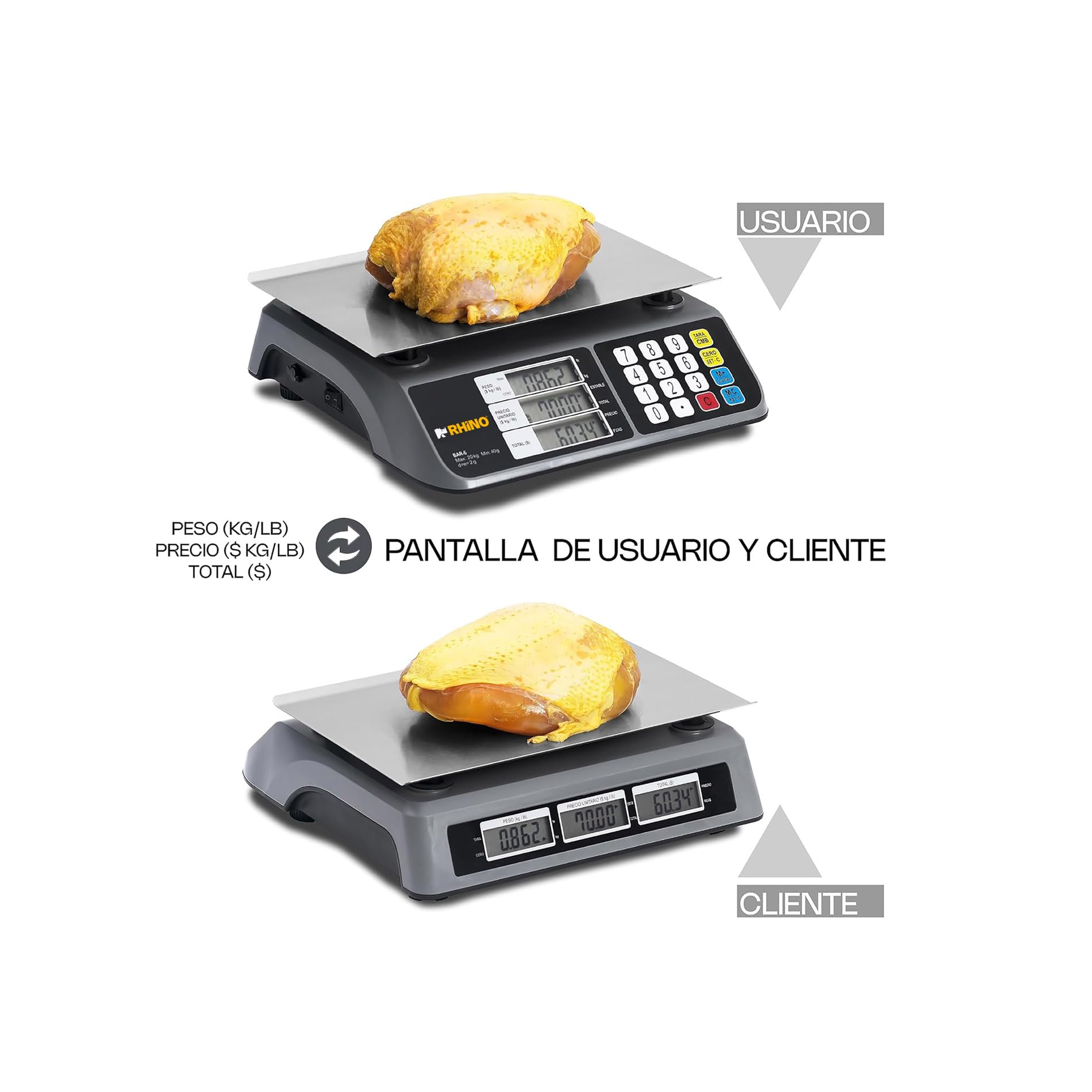 RHINO, Báscula Digital Comercial, 20 kg, Pantallas de Usuario y Cliente, Función de Conteo de Piezas, Precio Neto,10 Memorias en Teclado para Productos con Mayor Desplazamiento, BAR-6