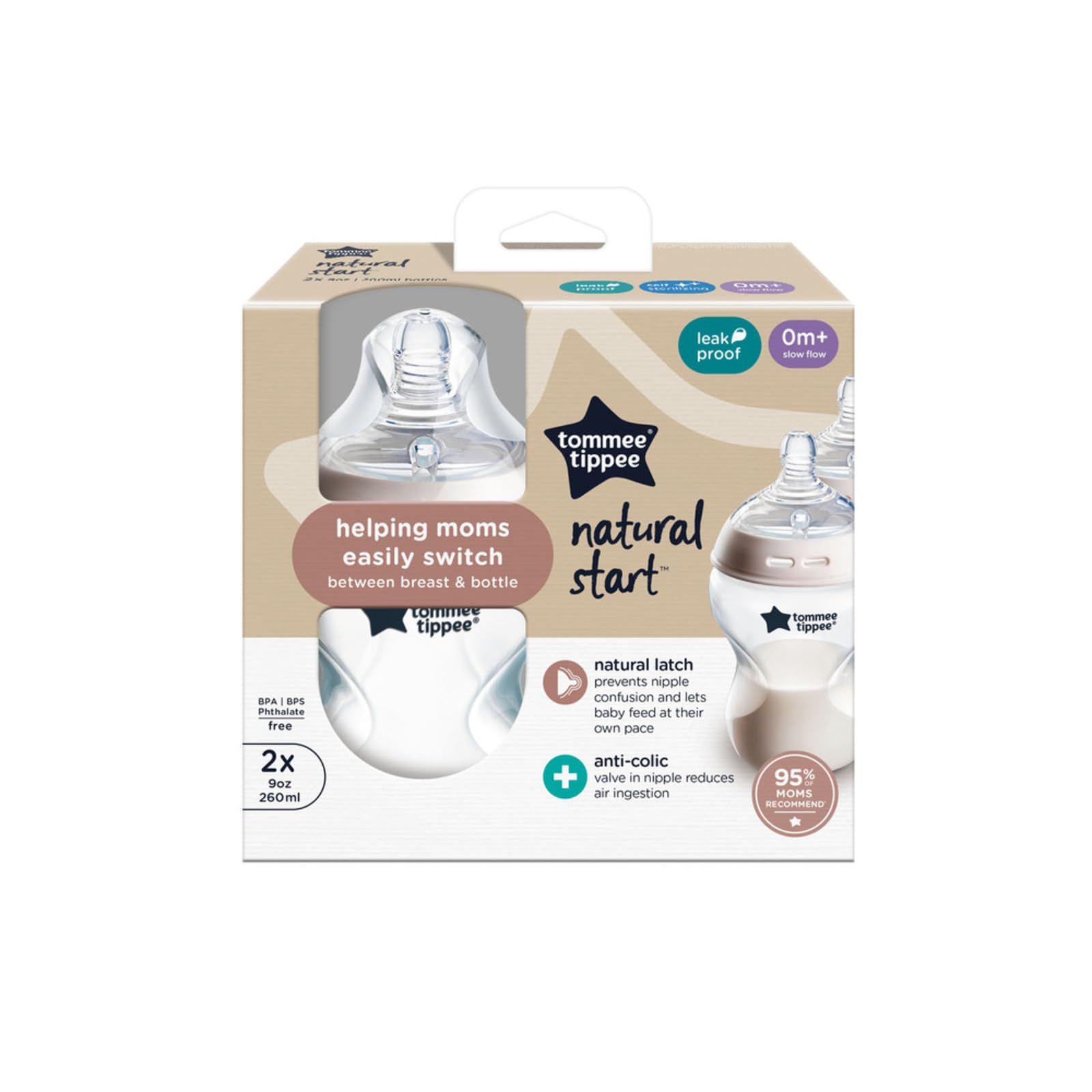 Biberón Tommee Tippee Natural Start Anti-Colic Transparente con Tetina de Flujo Lento para Bebés 0m+ Autoesterilizable Pack de 2