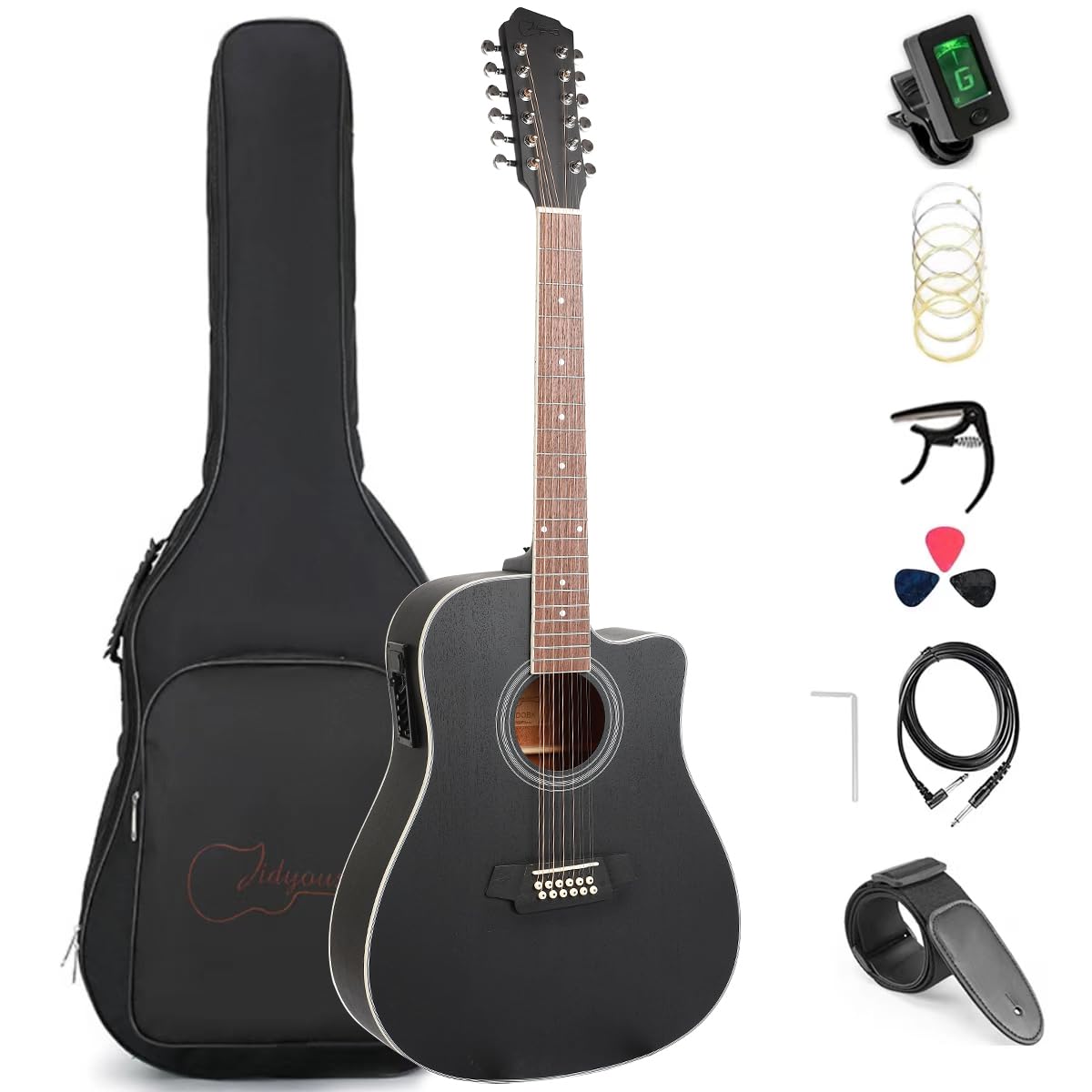 Jidyous Docerola Aguanta cuerdas pares 4/4 Guitarra Electroacústica 12 cuerdas con bridge doctor, con Funda Acolchada, afinadores, Correas,cuerdas, paletas, capó, cable para guitarra, alma