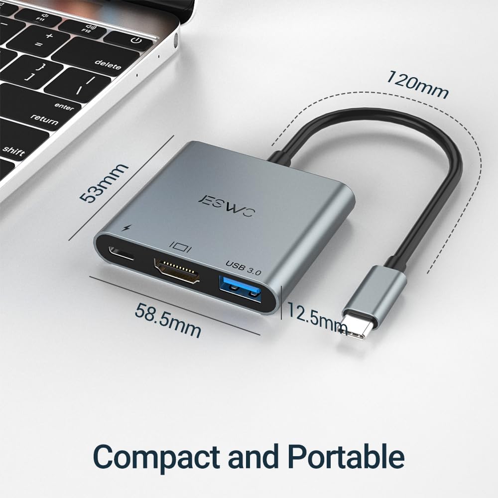 JESWO Adaptador USB C a HDMI, 3 en 1 USB C Hub, Adaptador Tipo C Multipuerto con Puerto de Salida HDMI 4K, Puerto USB 3.0 y PD 87W Carga, Compatible con MacBook/iMac Pro