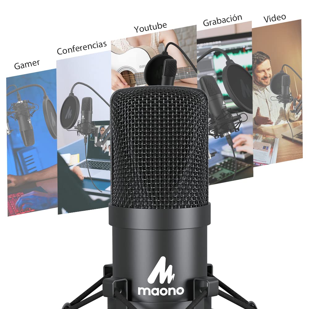 MAONO Kit Micrófono USB Condensador, Mic Cardioide con Chipset de Sonido Profesional 192KHZ/24BIT Plug & Play para PC, Mac, PS4, Microfono para Gamer, Streaming, Podcast, Youtube, Grabación(AU-A04)