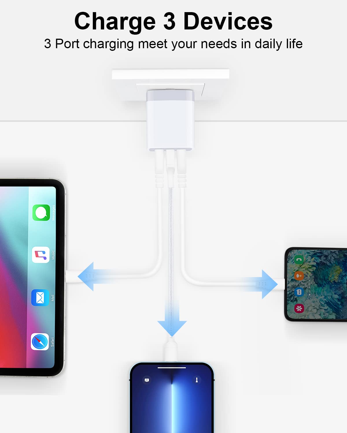 AILKIN - cubeta de cargador USB, enchufe de cargador de pared, adaptador USB 3.1A de 3 puertos USB, base de caja para iPhone 15 14 13 12 Pro Max Mini SE 11 Pro Max/X/8/7, Samsung teléfonos USB Bloque