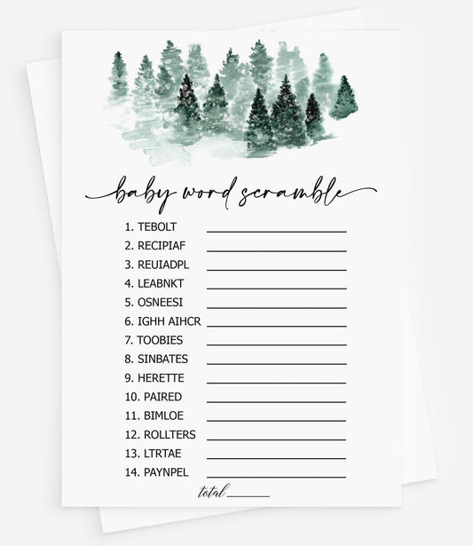Juego de 50 cartas para baby shower de palabras (50 cartas) divertido juego de actividad, género neutro niño o niña, bebé hace frío fuera del invierno decoraciones del país de las maravillas que la