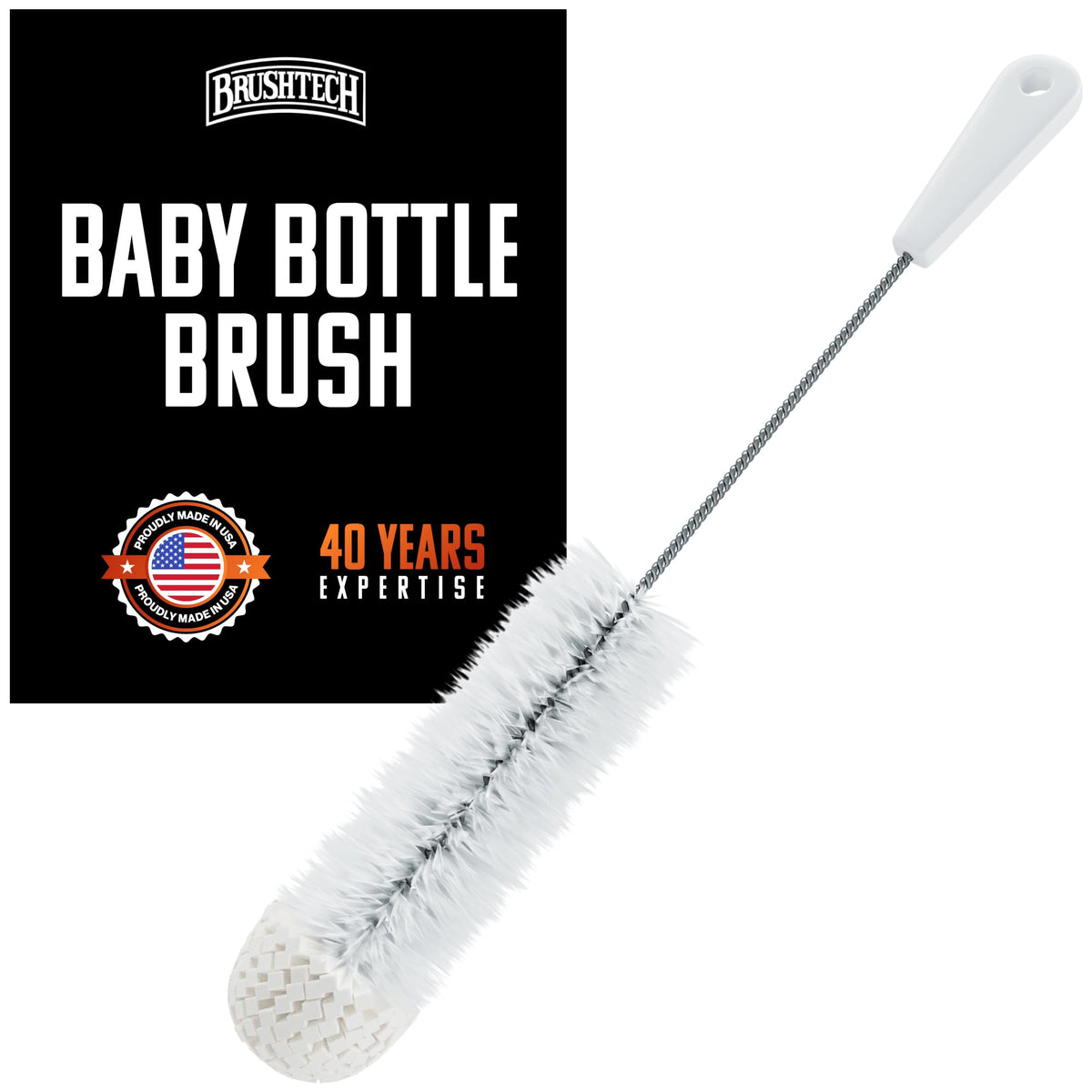 Brushtech - Cepillo para biberones con punta de espuma, paquete de 2 – cerdas duraderas y suaves y punta de espuma para limpieza profunda de biberones, fabricado en Estados Unidos, herramientas de