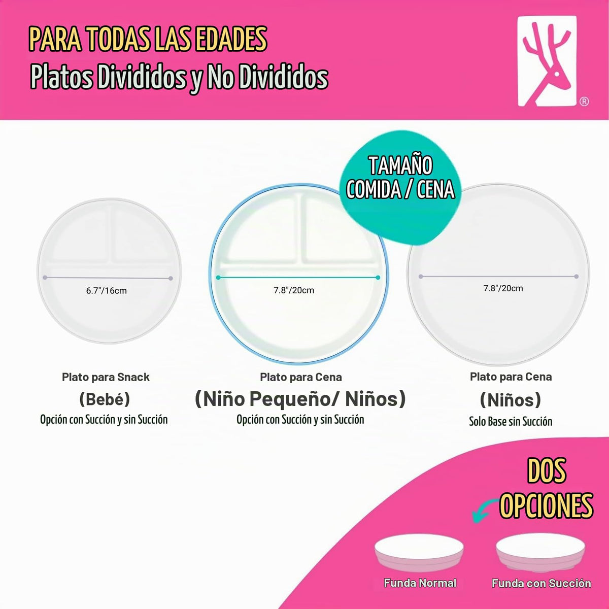 Elk and Friends - Platos blancos divididos de porcelana de 20 cm, con fundas de silicona, para bebés y niños, aptos para microondas y lavavajillas, antideslizantes, para aperitivos
