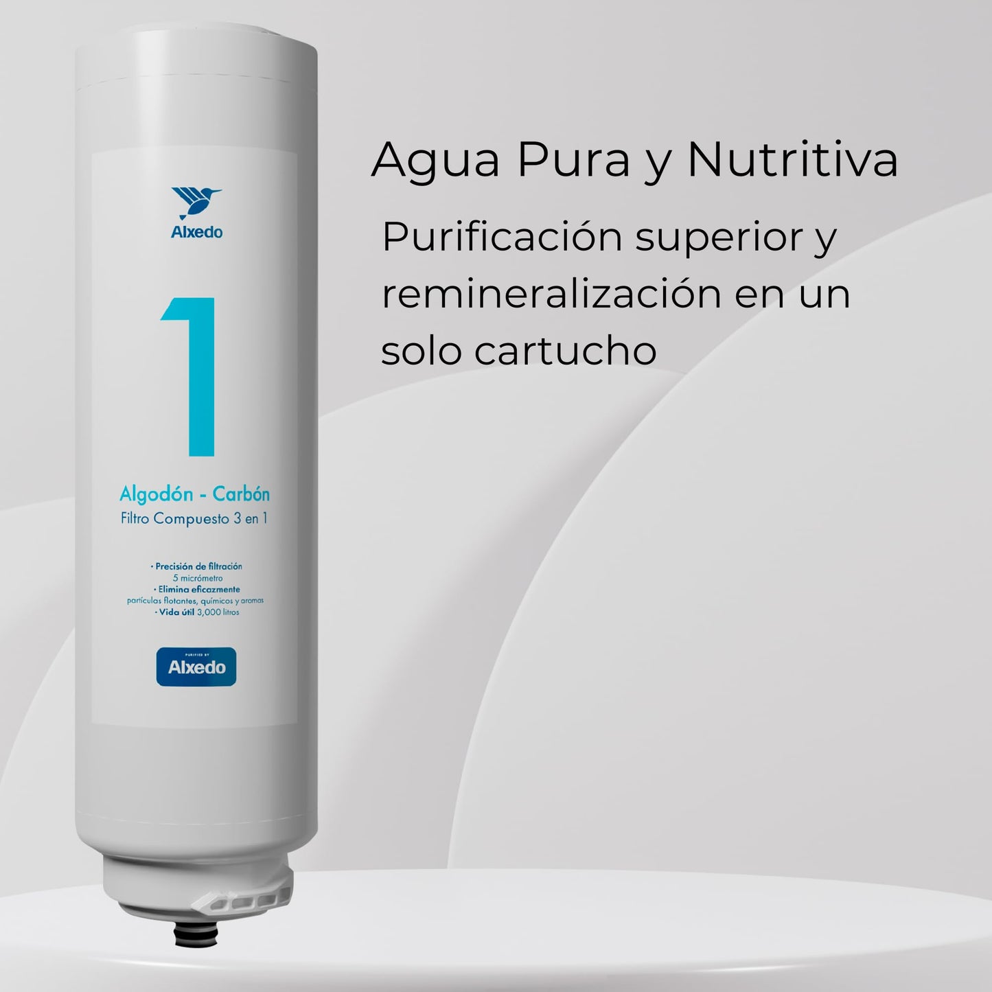 ALXEDO | Cartucho de Repuesto PC-C ALX1 | Algodón, Carbón Activado y Remineralización (PC-C) | Compatible con Purificador de Agua ALX1 | Mejora la Calidad y Sabor del Agua