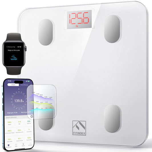 FITINDEX Bluetooth Body Fat Scale, Smart Wireless BMI Bathroom Weight Scale Body Composition Monitor Health Analyzer with Smartphone App for Body Weight, Fat, Water, BMI, BMR, Muscle Mass - White