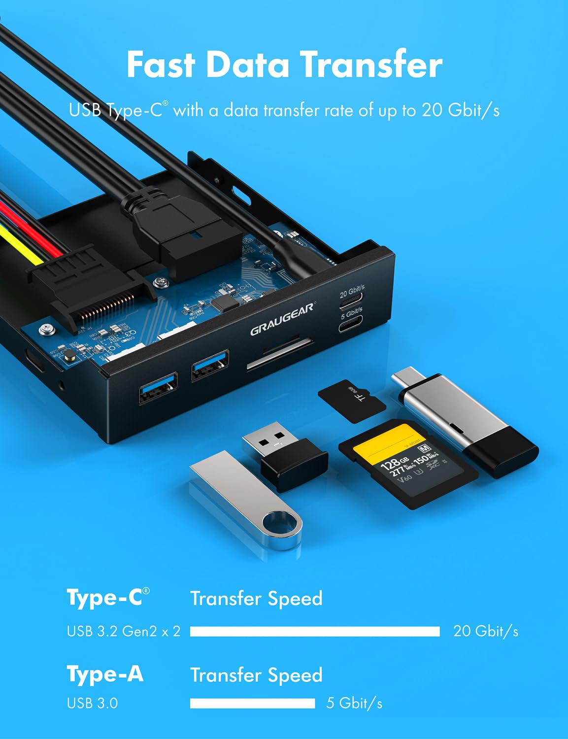 GRAUGEAR Hub USB de panel frontal de 3.5 pulgadas con lector de tarjetas interno, USB 3.2 Gen2 USB-C, puertos USB 3.0, ranuras para tarjetas SD MicroSD/TF, cabezal de llave A de 20 pines y conexión de alimentación SATA, bahía de 3.5 pulgadas [G-MP01CR]
