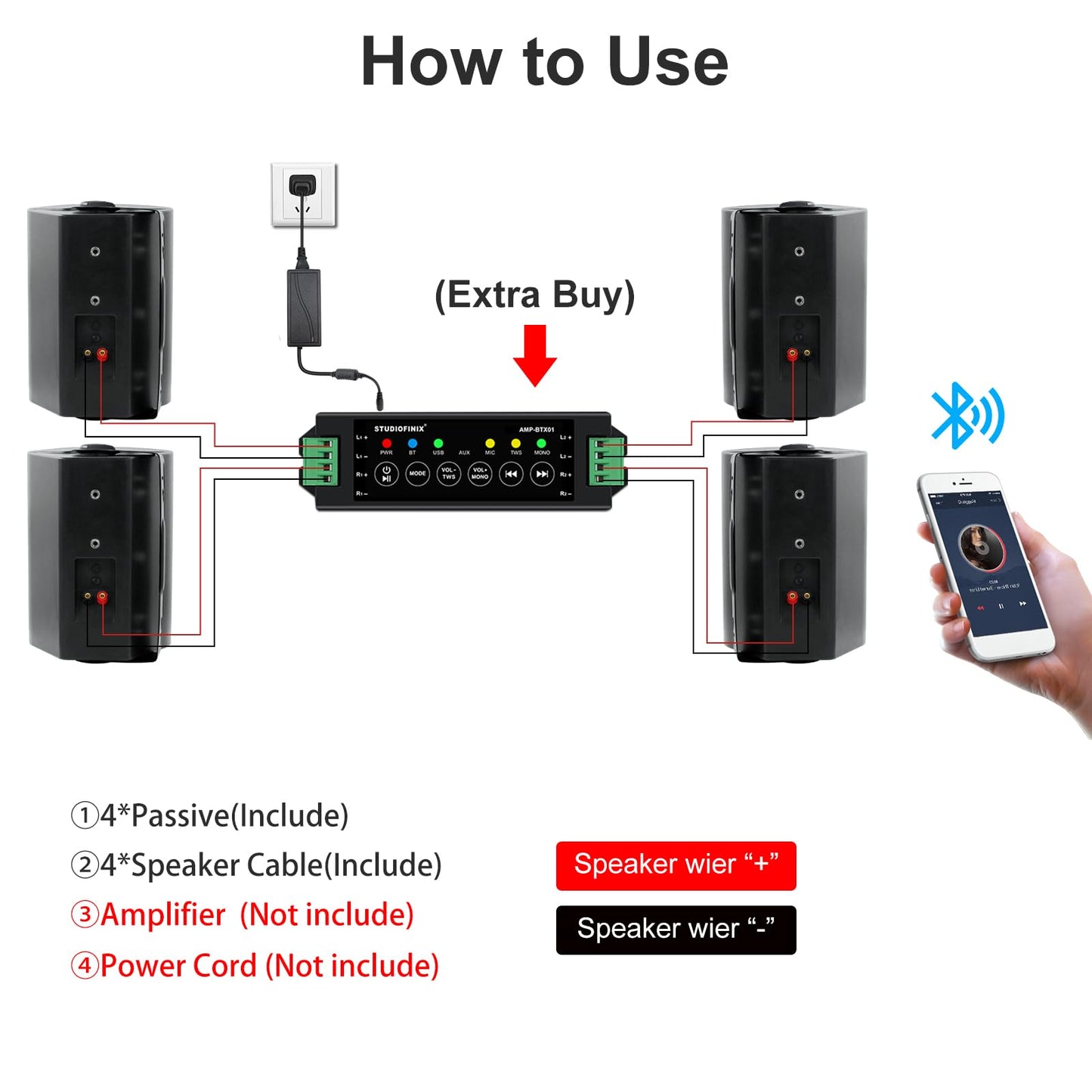 STUDIOFINIX - Altavoces para Exteriores de 5.25 Pulgadas, 600 W, Impermeables, con Cable, pasivos de Montaje en Pared para Patio, cochera, hogar, 2 Pares (Negro)