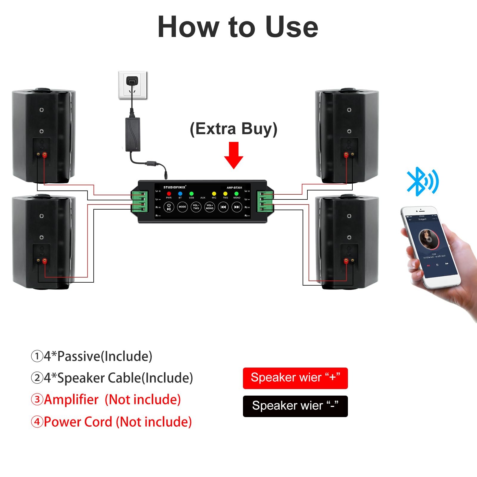 STUDIOFINIX - Altavoces para Exteriores de 5.25 Pulgadas, 600 W, Impermeables, con Cable, pasivos de Montaje en Pared para Patio, cochera, hogar, 2 Pares (Negro)